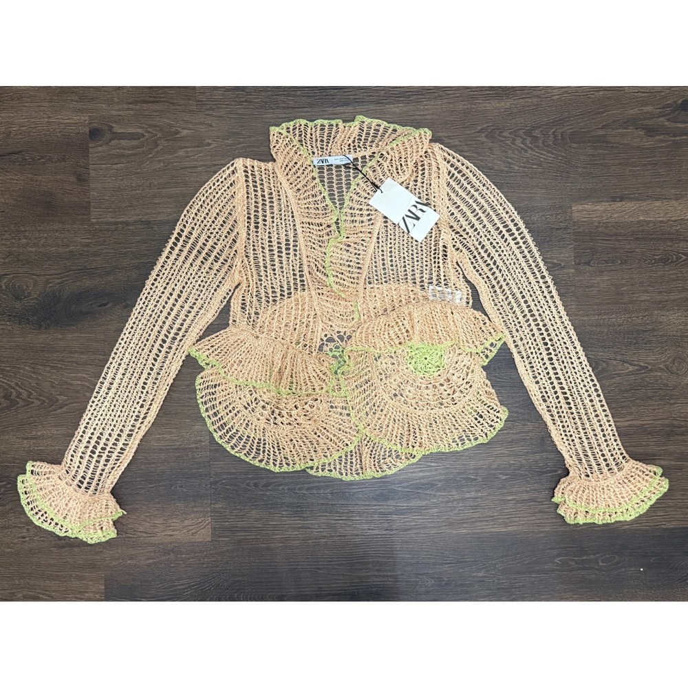 Zara Ruffled Crochet Knit Cardigan Women M Beige Green NWT Boho